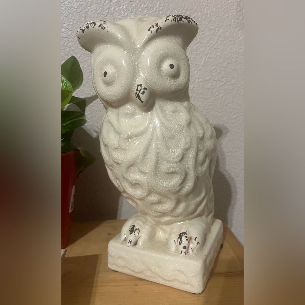 Vintage White Crackle Glaze Ceramic Owl  | Mid Century Owl Statue | Boho